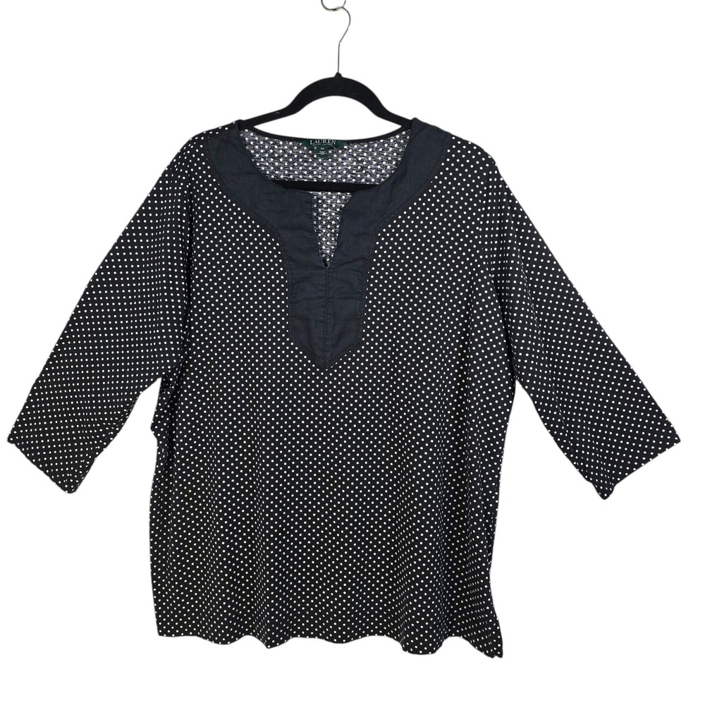 Lauren Ralph Lauren Black White Polka Dot Split Neck Cotton Top Woman Plus 3X